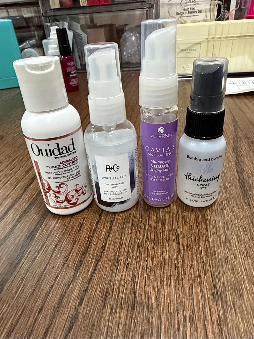 Ouidad hair Gel, R & Co dry shampoo mist, Caviar mist, BB thickening spray
